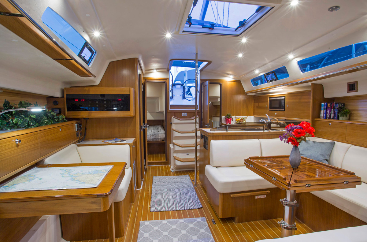 Catalina 425 interior features varnished teak